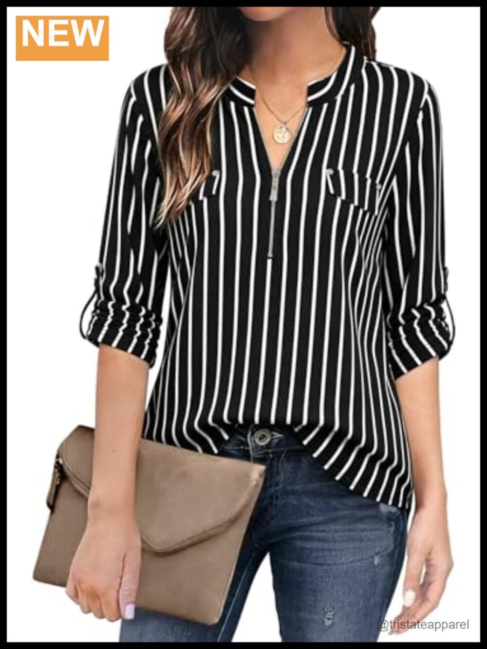 Women's Floral 3/4 Sleeve Zip Up V Neck Blouse Top 95% Polyester 5% Spandex